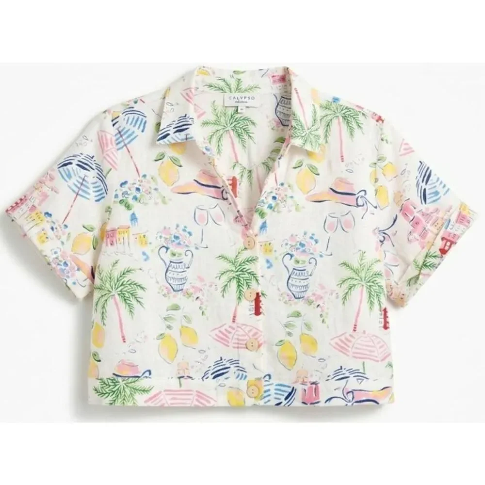 Calypso st Barth womens medium linen boxy crop top cream green Hawaiian beach